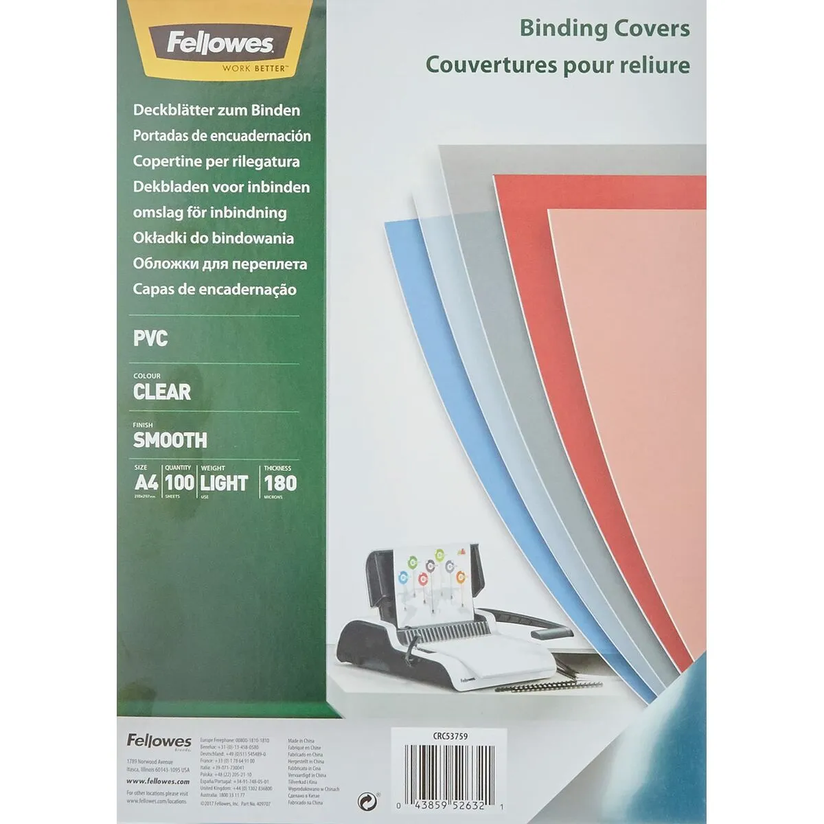 Copertine per rilegatura Fellowes 5375901 100 Unità Trasparente A4 PVC