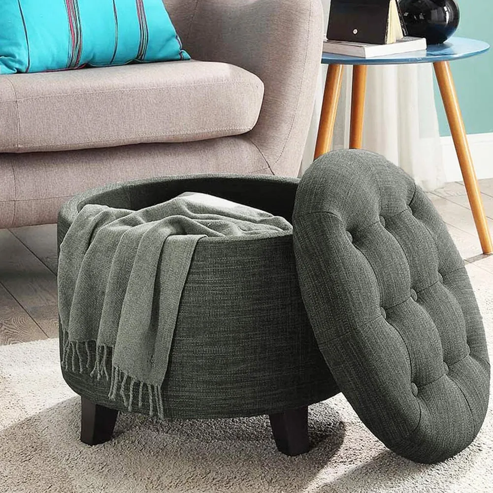 Pouf Contenitore Poggiapiedi in legno e tessuto Grigio Sgabello Baule scomparto (1)