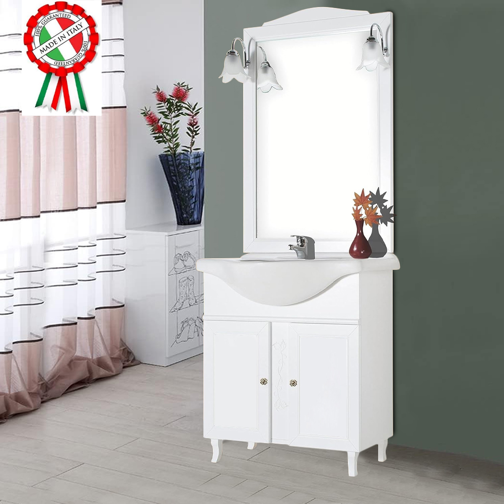 Mobile Da Bagno Bianco Completo Modello Giada Ante Lisce 75cm Legno con Specchio (1)