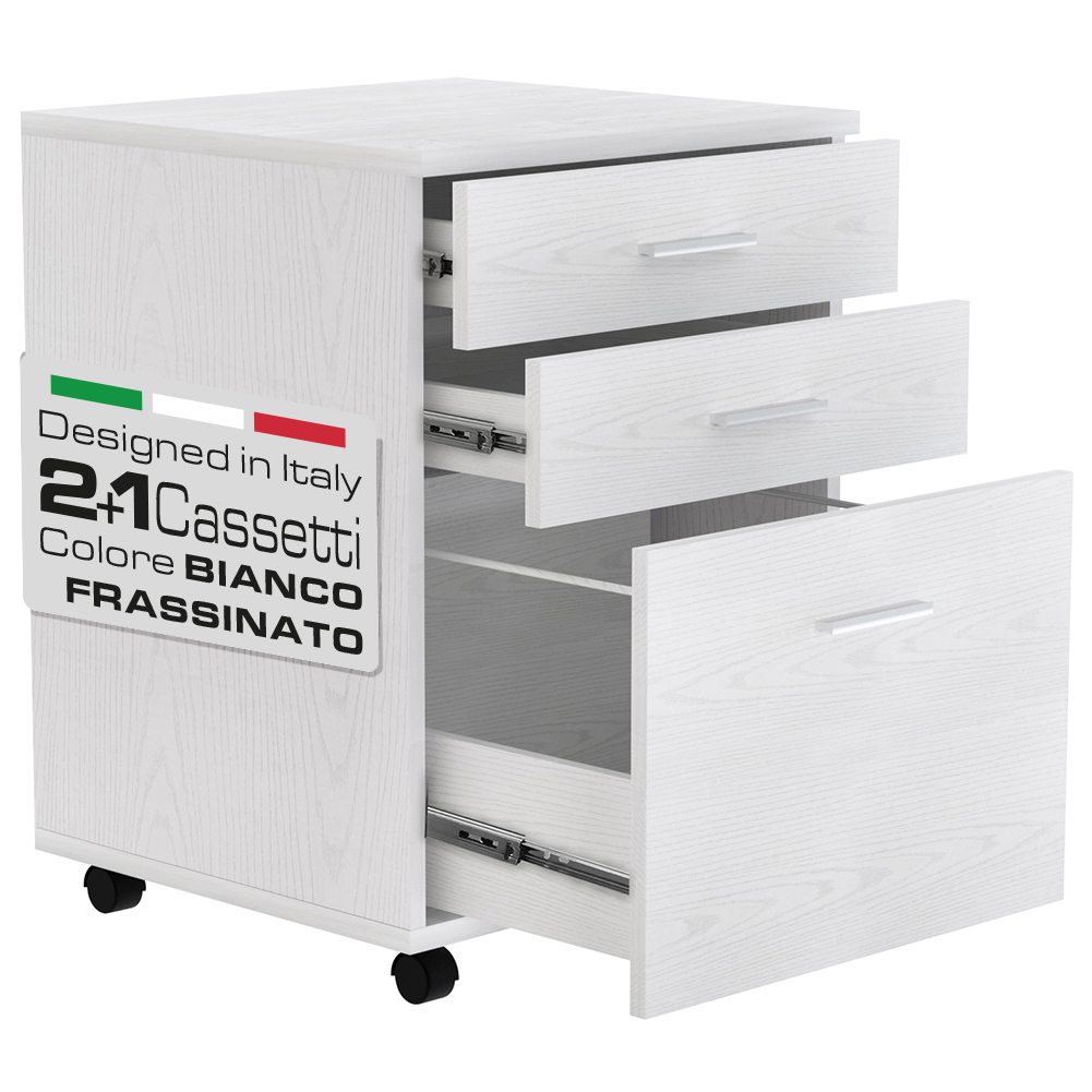 Cassettiera Scrivania Ufficio Mobiletto Stampante 3 Cassetti Bianco Frassinato (1)