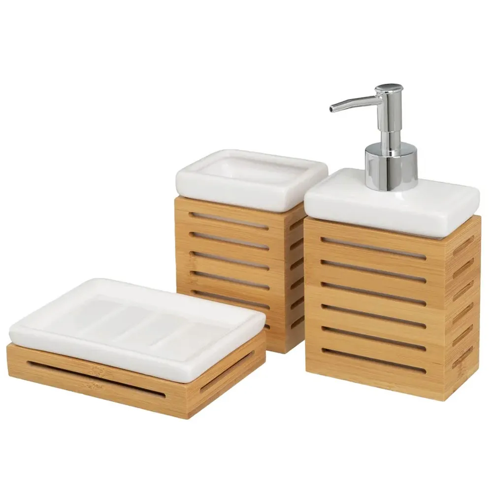 Set 3 Pezzi da Bagno in Ceramica e Bambù Dispenser Porta Spazzolini Bicchiere Bianco Legno (1)