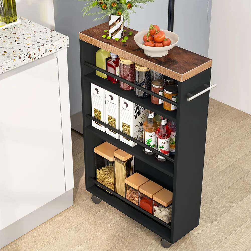 Carrello Portaoggetti Cucina Slim Salvaspazio Nero Industrial Multiuso con Ruote (1)