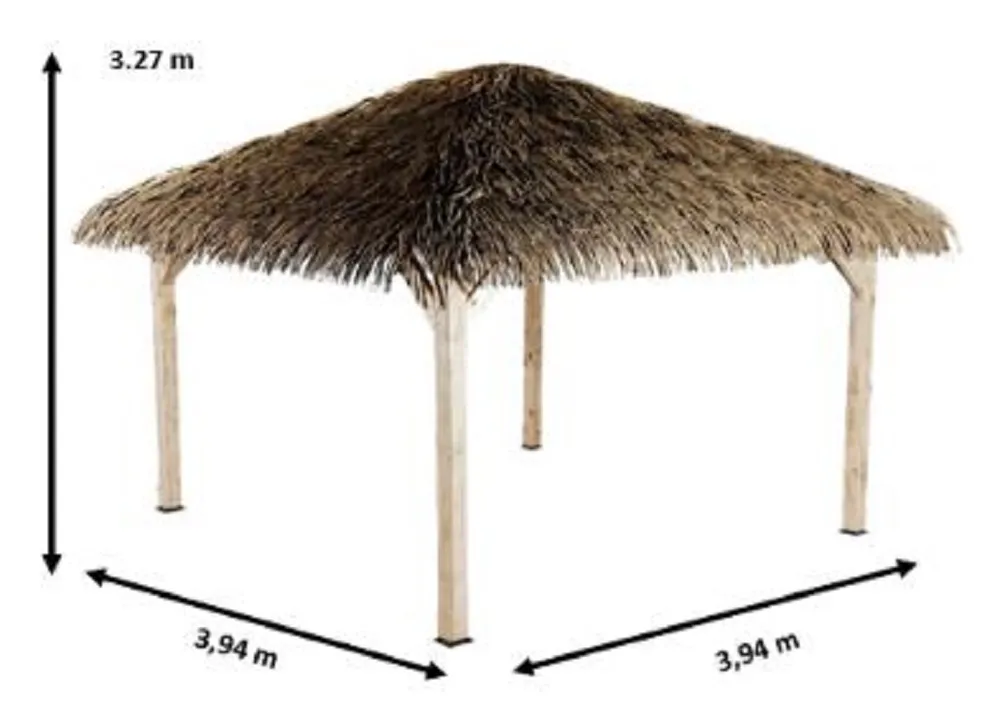 Gazebo Casetta Foresta 394x394, copertura foglie di palma sintetiche, impermeabili (1)