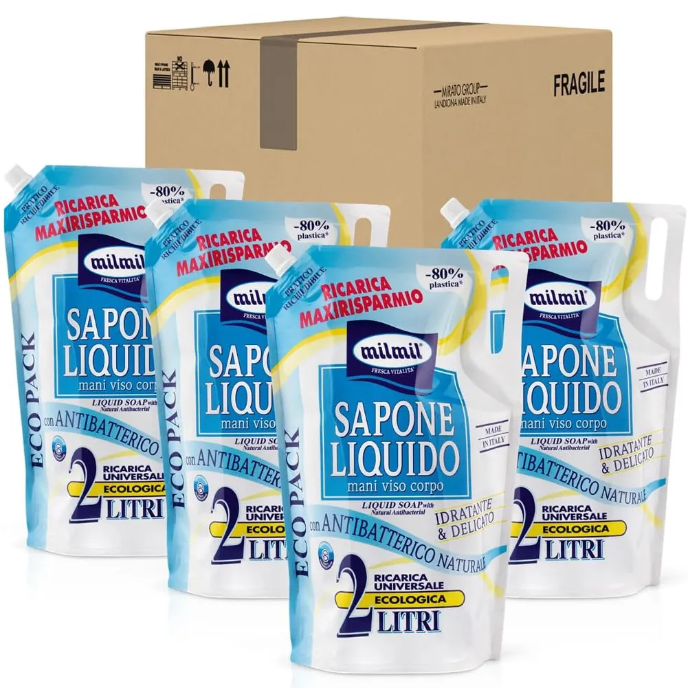 4 x Mil Mil Sapone Liquido Mani Viso Corpo Idratante Neutro Eco Ricarica 2 Lt (1)