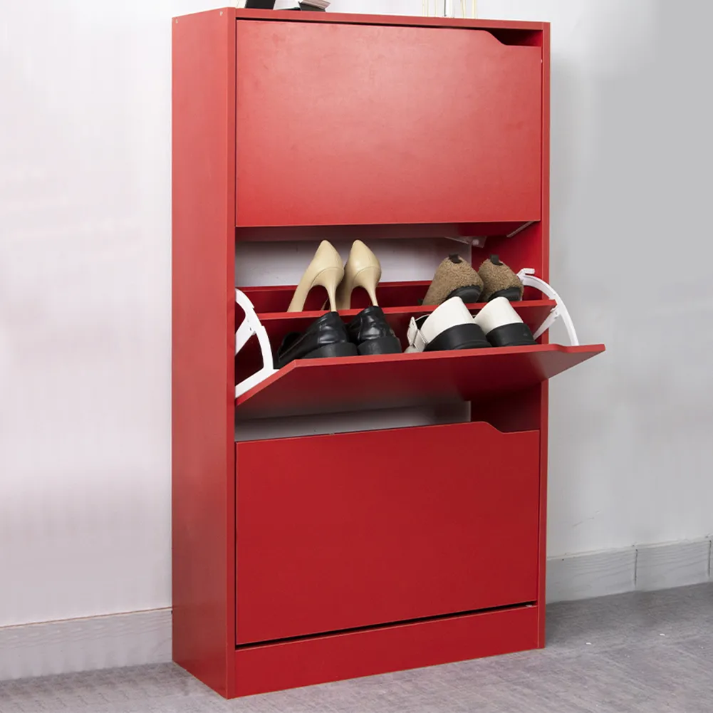 Scarpiera 3 Ante Ripiani Doppia Profondità Porta Scarpe Colore Rosso 63x24x115cm (1)