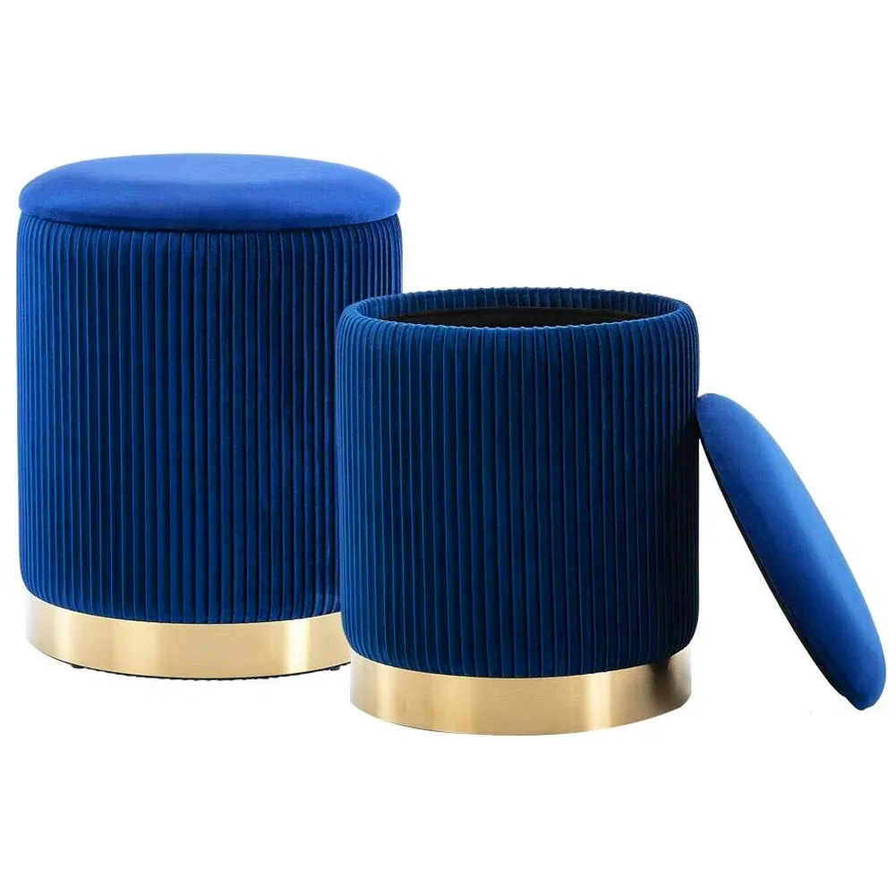 Set 2 Pouf Contenitore Blu Velluto Sgabello Poggiapiedi Rotondo Portata 120kg (1)