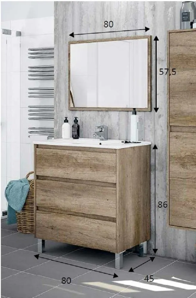 KIT MOBILE BAGNO DAKOTA 3C CM.80X45X86H COLORE ROVERE CON SPECCHIO