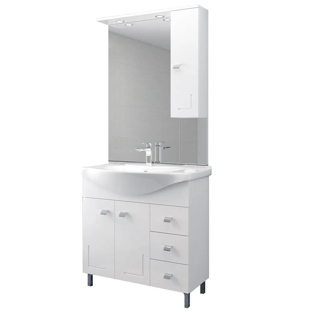 MOBILE BAGNO BIANCO 'EVA' COMPLETO CON LAVABO 83 CM SPECCHIO E COLONNA