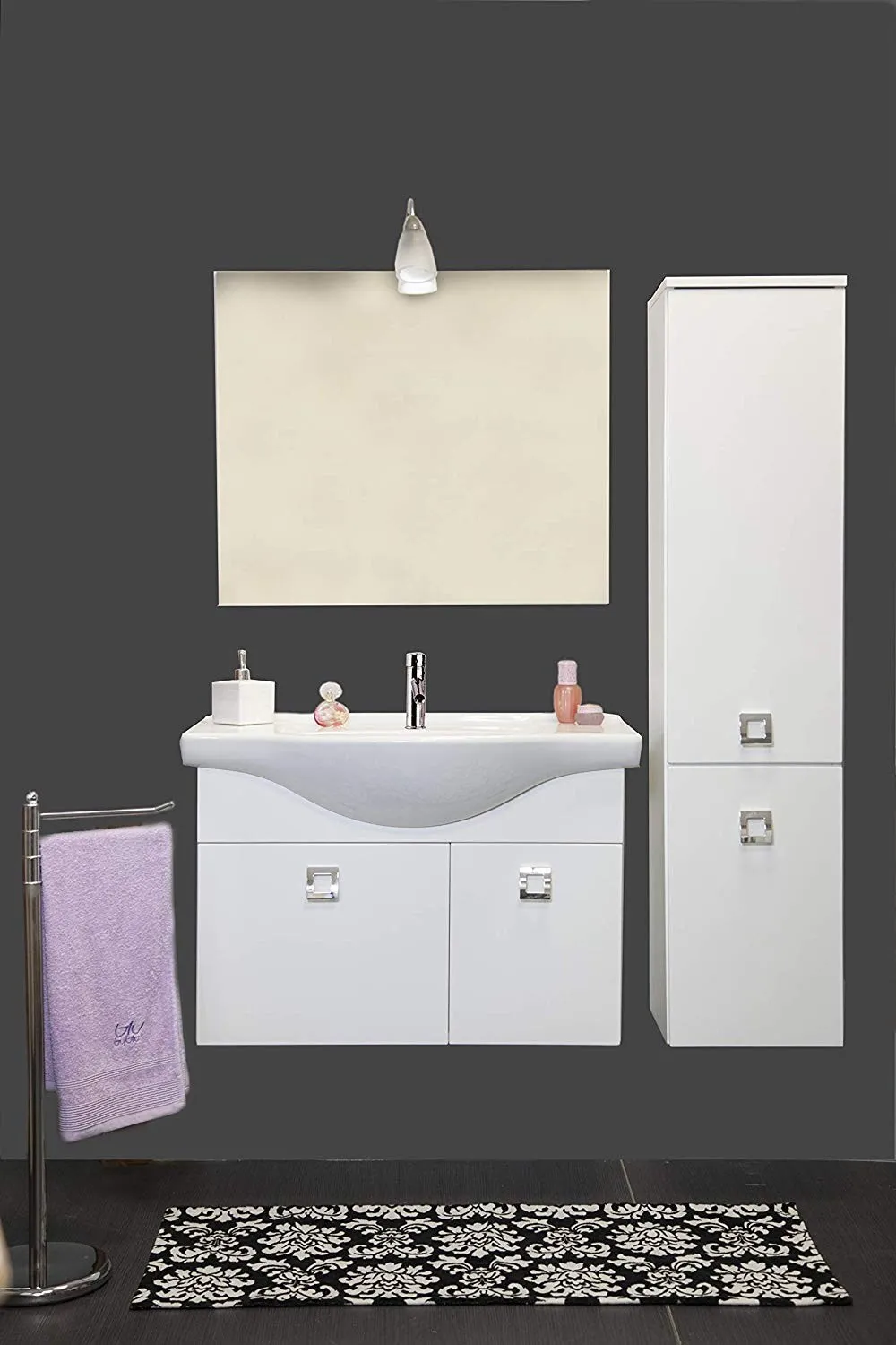 MOBILE BAGNO SOSPESO "BRILLO" FINITURA BIANCO LUCIDO 81x33x55h Cm CON SPECCHIO