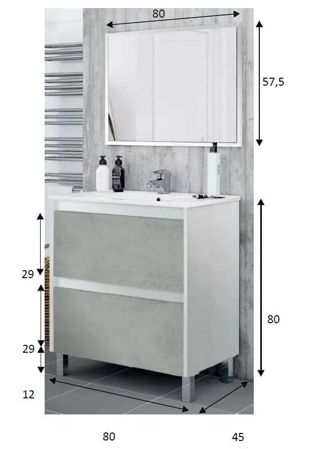 KIT MOBILE BAGNO DAKOTA 2 CASSETTI CM.80X45X80H CON SPECCHIO BIANCO LUCIDO E CEMENTO LAVABO ESCLUSO