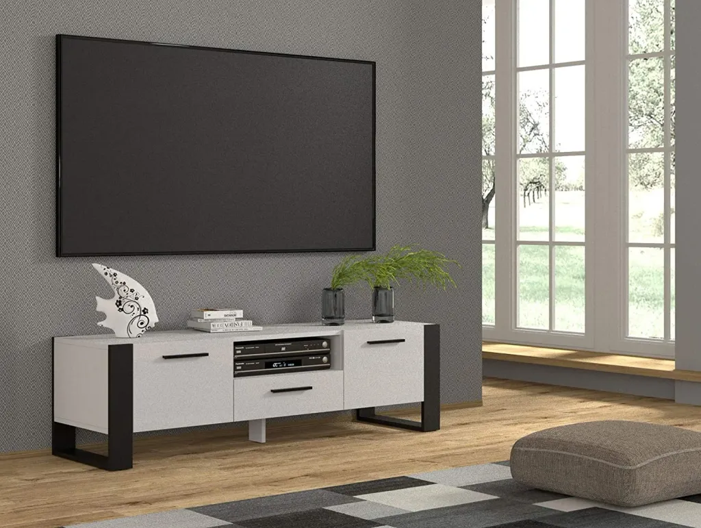 Mobile TV moderno Cm 160x43x48H colore Bianco Opaco piedi e maniglie Nero