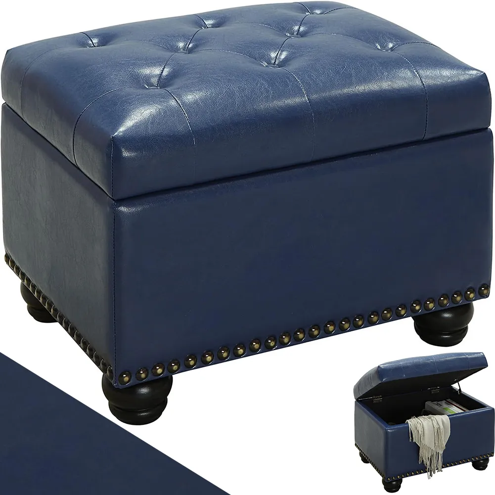 Pouf Contenitore Poggiapiedi in Ecopelle Blu Sgabello con Scomparto Interno (1)