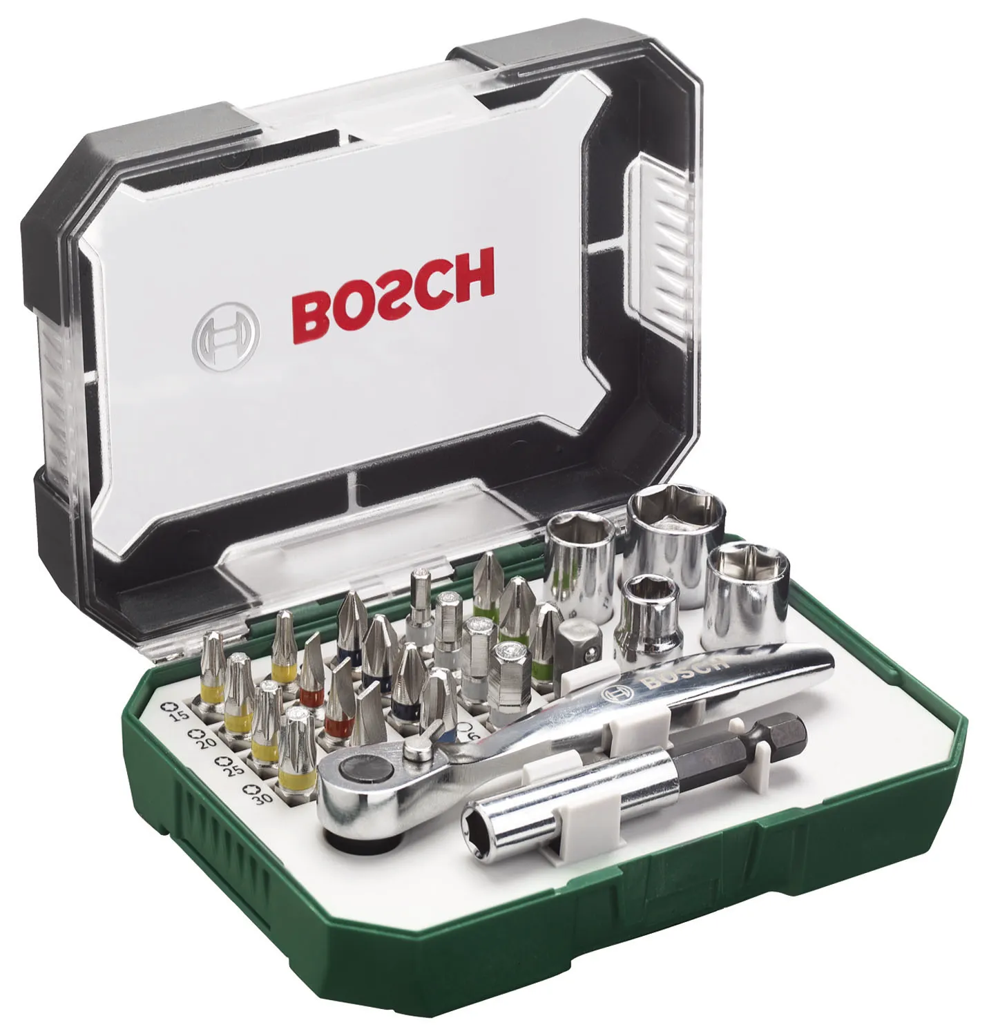 SET INSERTI PUNTE BOSCH RAINBOW + PORTABIT, BUSSOLE, ADATTATORE E CRICCHETTO 26 PEZZI 2607017322