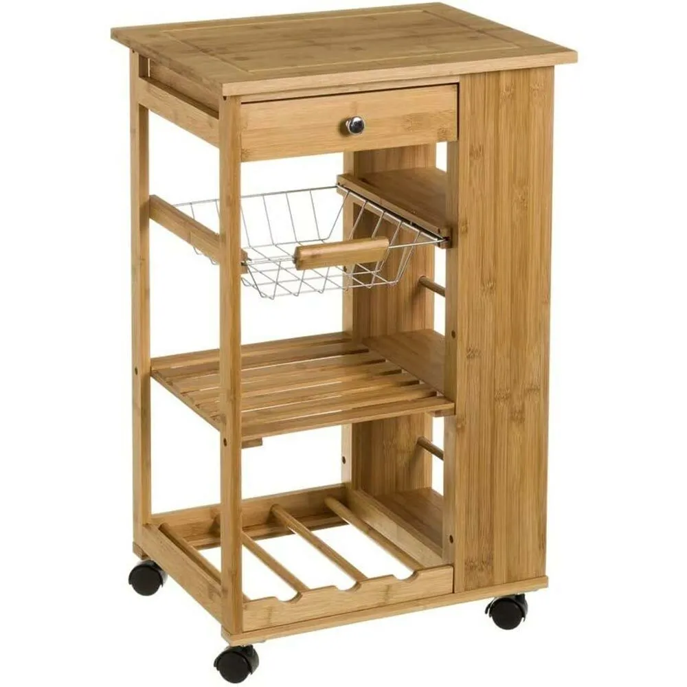 Carrello Cucina legno Bambu Cassetto Cestello Portabottiglie 3 Ripiani Laterali (1)