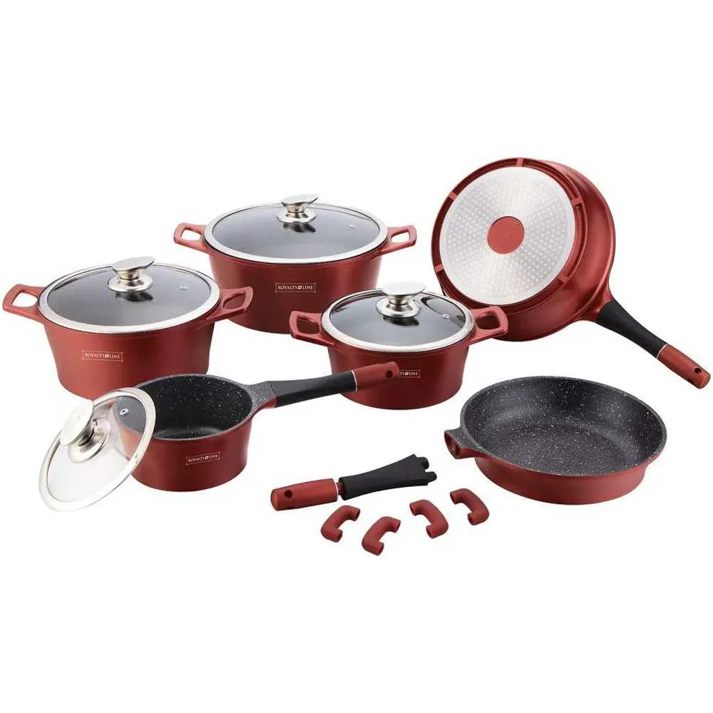 Batteria Pentole e Padelle 14 Pz Antiaderente In Pietra Lavica Borgogna RL-ES1014M (1)