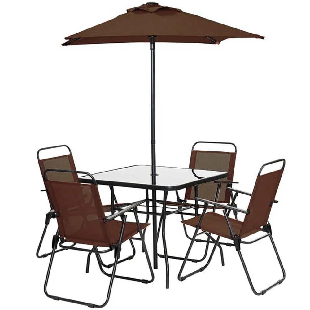 Set Pranzo 6 Pezzi per Giardino Patio con Ombrellone 4 Sedie Pieghevoli Marrone (1)