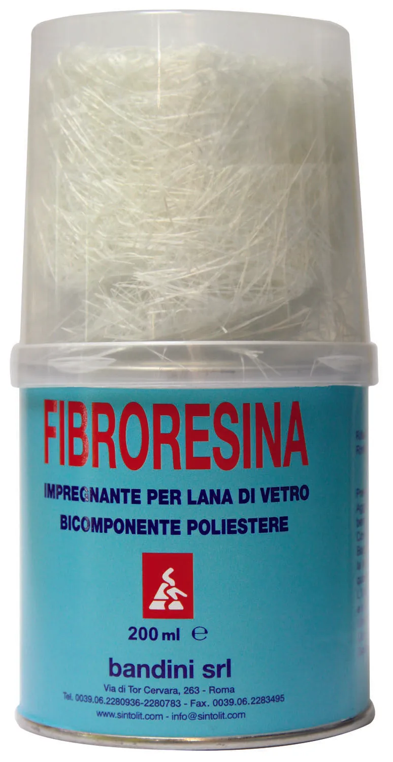 KIT FIBRO RESINA BICOMPONENTE CON RESINA, FOGLIO LANA DI VETRO, CIOTOLA E PENNELLO ML.200