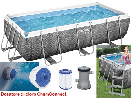 PISCINA RETTANGOLARE FUORI TERRA POWER STEEL BESTWAY 404X201XH100 -56721 + POMPA, DOSATORE E SCALETTA