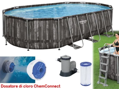 PISCINA OVALE FUORI TERRA STEEL SIMIL LEGNO BESTWAY 610x366xH122 -5611R + POMPA, DOSATORE, SCALETTA E TELO