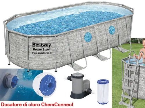 PISCINA OVALE FUORI TERRA STEEL VISTA RATTAN BESTWAY 549x274xH122 -56716 + POMPA, DOSATORE, SCALETTA E TELO