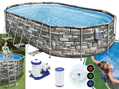 PISCINA OVALE FUORI TERRA STEEL COMFORT PIETRA BESTWAY 610x366xH122 -56719 + POMPA, SCALETTA, TELO E SISTEMA IDROMASSAGGIO