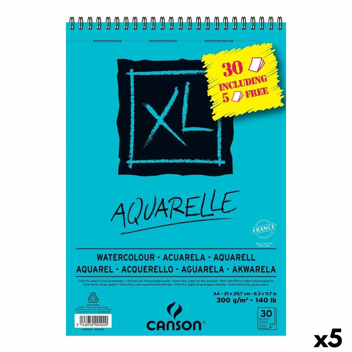 Blocco da disegno Canson AQUARELLE XL 21 x 29,7 cm 5 Unità 30 Fogli 300 g/m² 210 x 297 mm