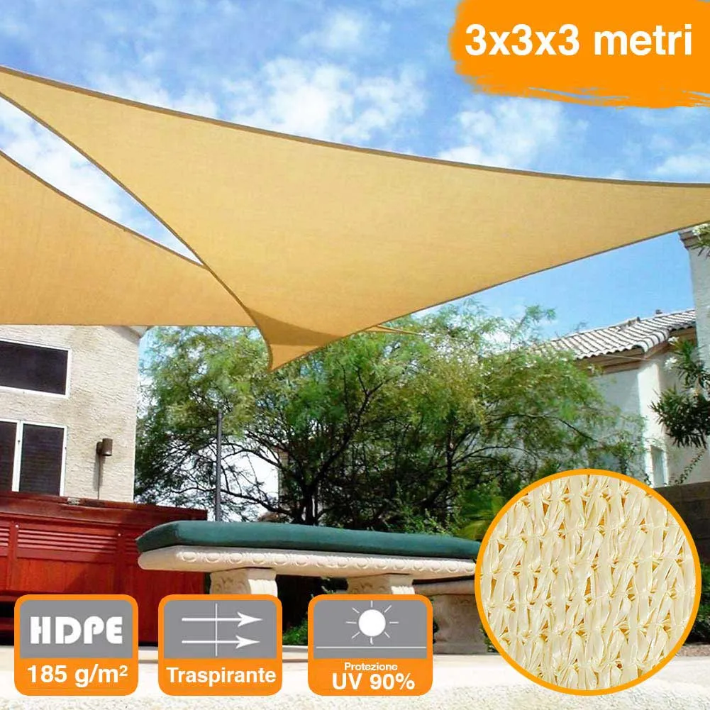 Vela Telo Parasole 3x3mt Tenda Triangolare Ombreggiante Giardino in HDPE Beige (1)