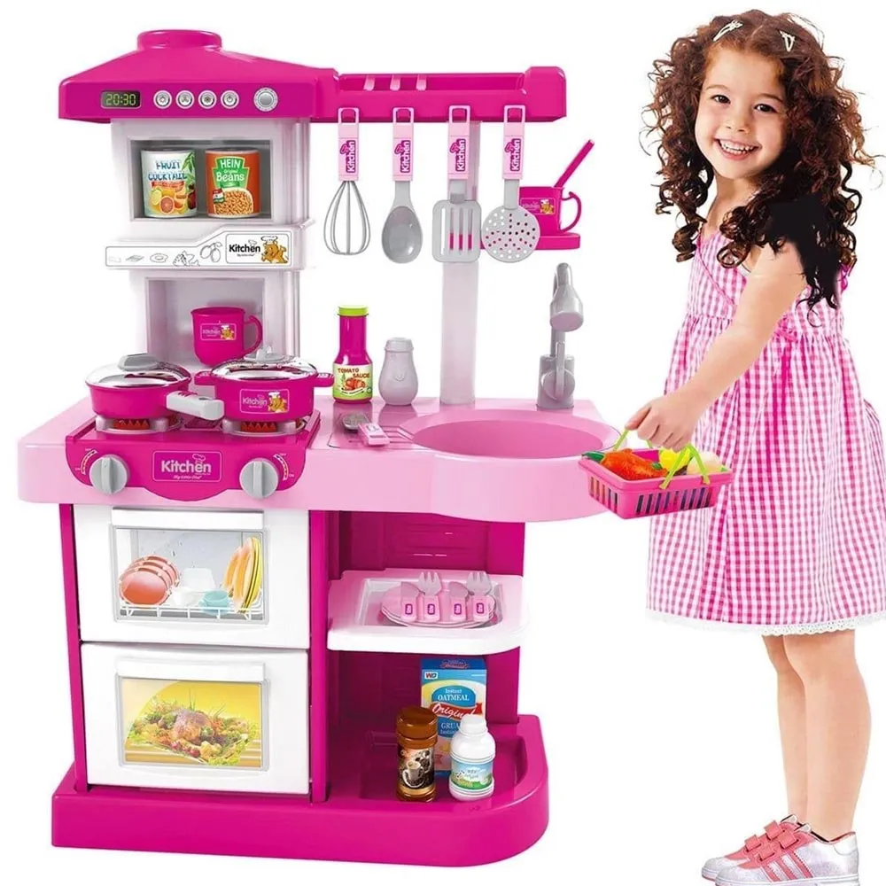 Cucina Giocattolo Bambini Fornello Luci Suoni 30 Accessori Gioco 52x26x72cm Rosa