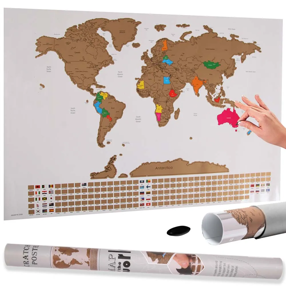 Poster Mappamondo da Grattare con Bandiere Cartina Mappa del Mondo 80x60 Bianco