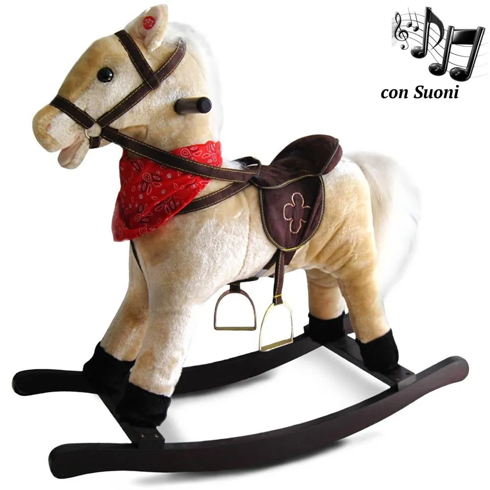 Cavallo a Dondolo Beige Con Suoni Realistici Legno e Peluche Bambini Infanzia