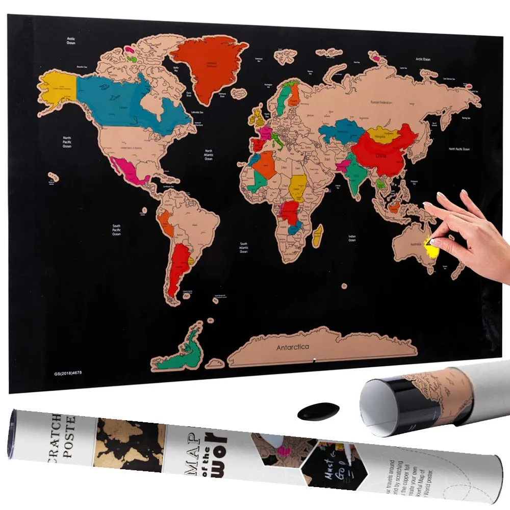 Poster Mappamondo da Grattare Cartina Geografica Mappa del Mondo 80x60 Nero Muro