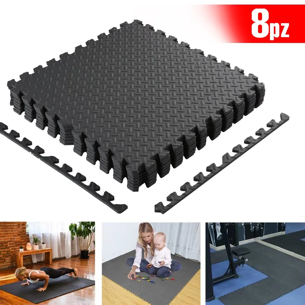 Tappeto Puzzle Tappetino Fitness Palestra Multiuso Schiuma EVA 8pz 60x60cm Nero