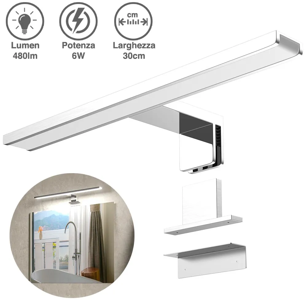 Lampada Specchio Bagno Applique Parete 30cm Luce LED 6W 6500K 480lm in Alluminio