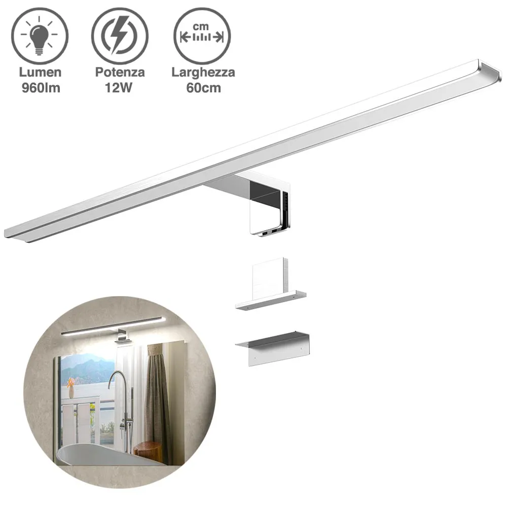 Lampada Specchio Bagno Applique Parete 60cm Luce LED 12W 6500K 960lm Alluminio