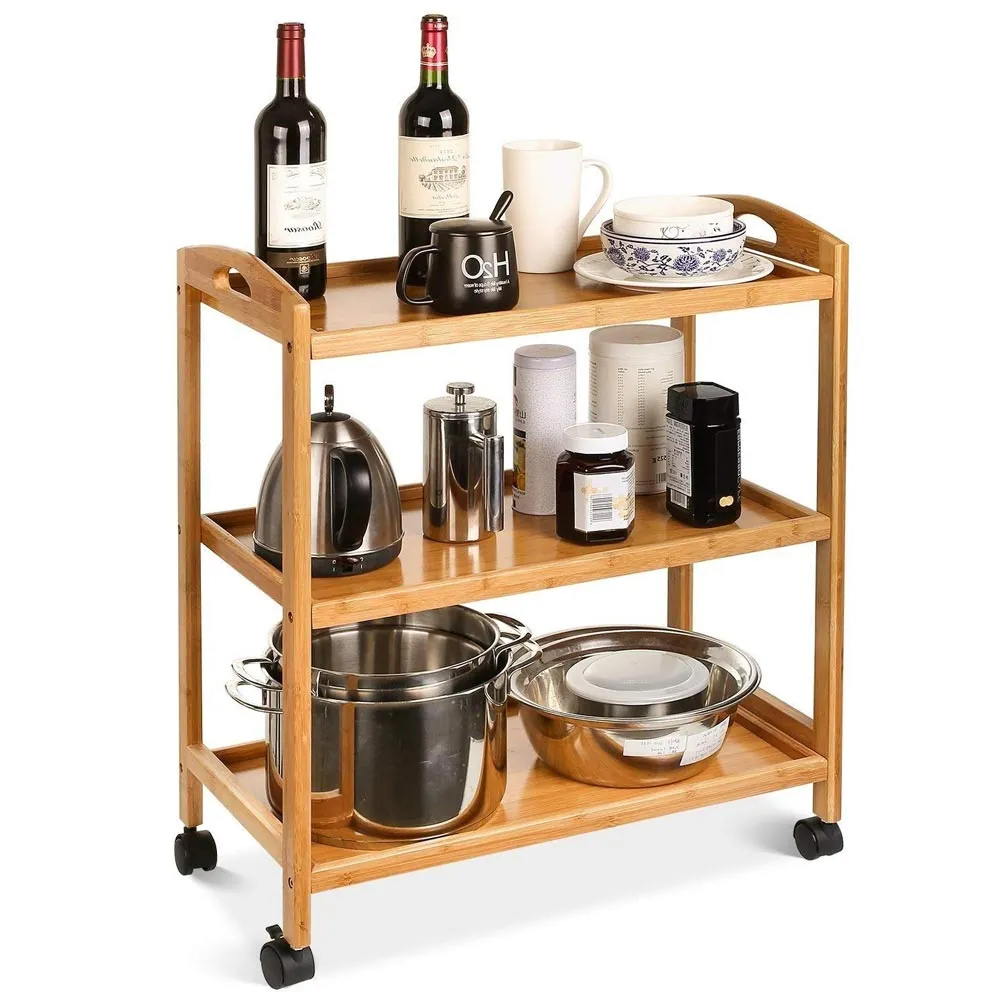 Carrello Cucina Salvaspazio 3 scomparti Legno Bambu Naturale 4 Ruote 61x33x73cm