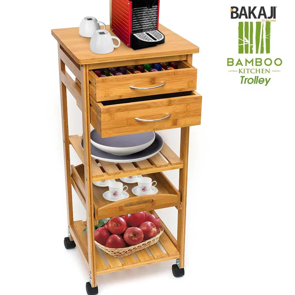 Carrello Cucina In Legno Bambu 3 Ripiani 2 Cassetti Portaposate Vassoio Ruote