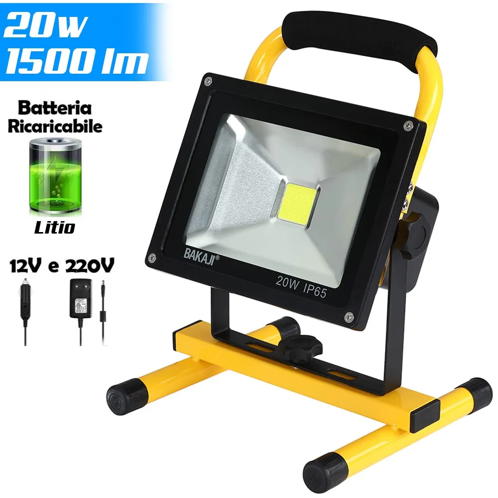 Lampada Faro Lavoro Portatile Torcia 20W 1500Lm a Batteria litio Luce Emergenza