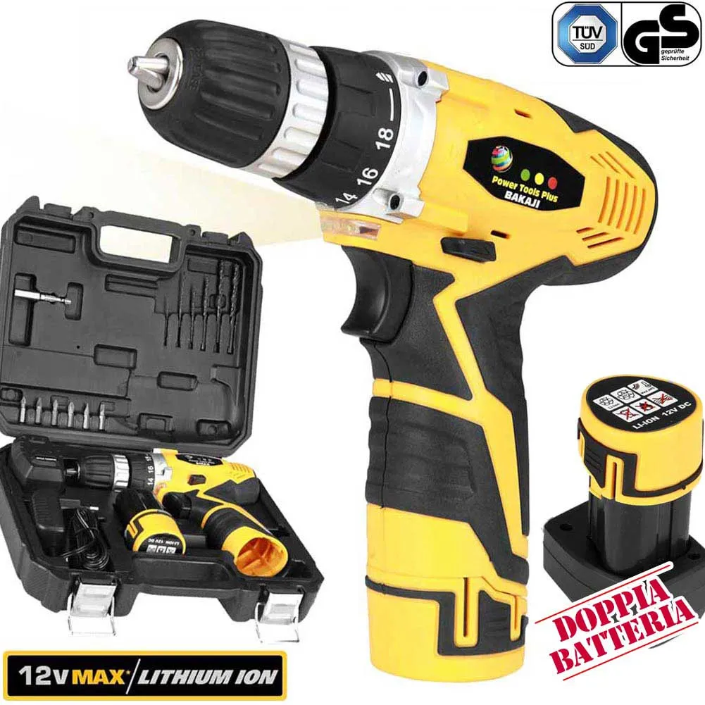 Trapano Avvitatore a DOPPIA Batteria al LITIO in Valigetta 12V Cordless con LED