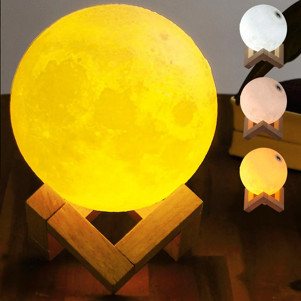 Lampada Tavolo Luna 10cm Luce LED 3 Colori Moon Lamp Batteria USB Supporto Legno