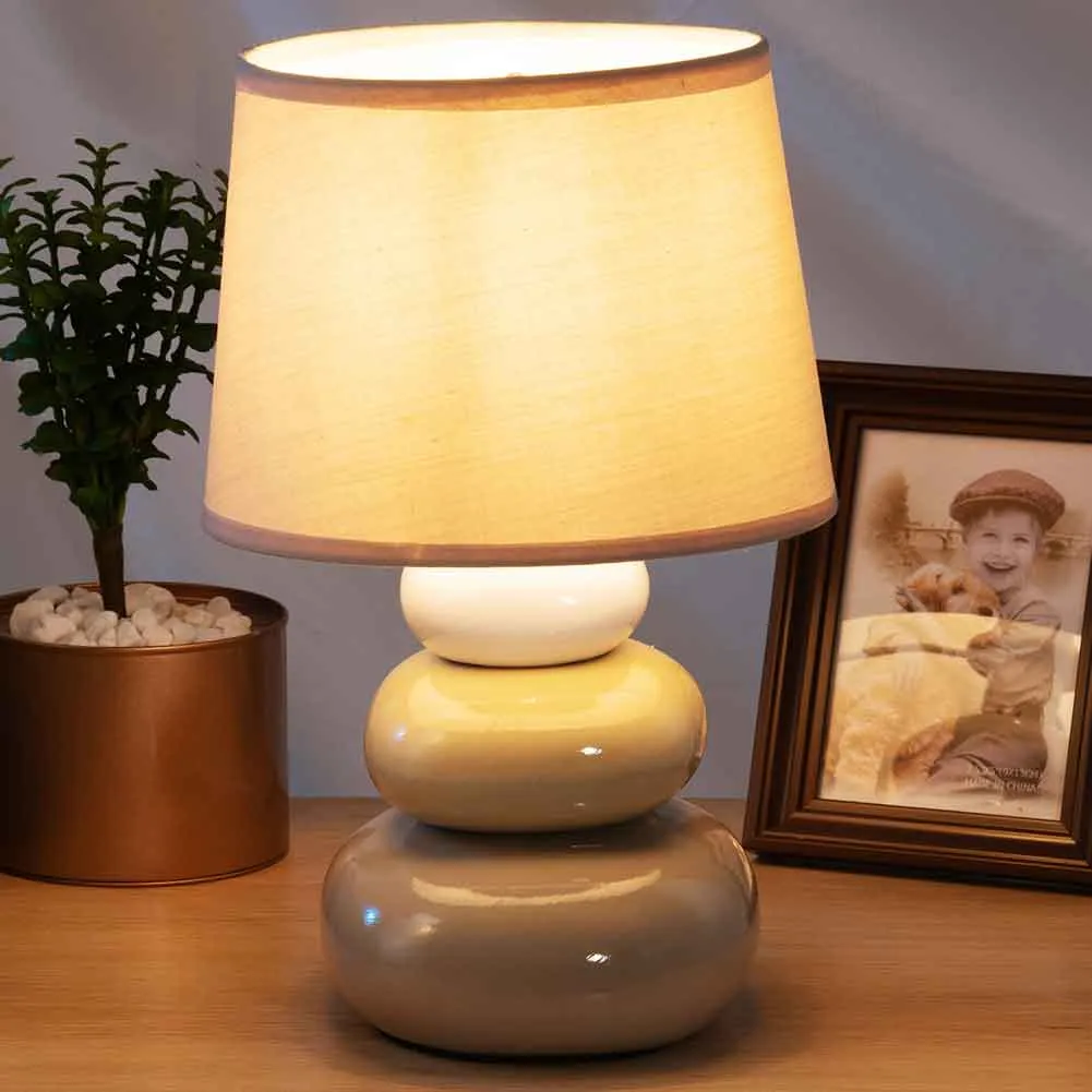 Lampada da Tavolo Lume Comodino Ceramica Tessuto Beige Design Moderno Abatjour