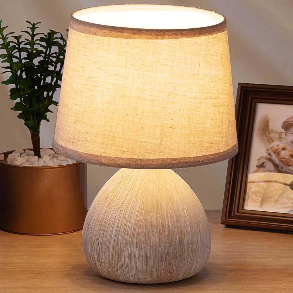 Lampada da Tavolo Lume Comodino Ceramica Tessuto Beige Design Moderno Abatjour