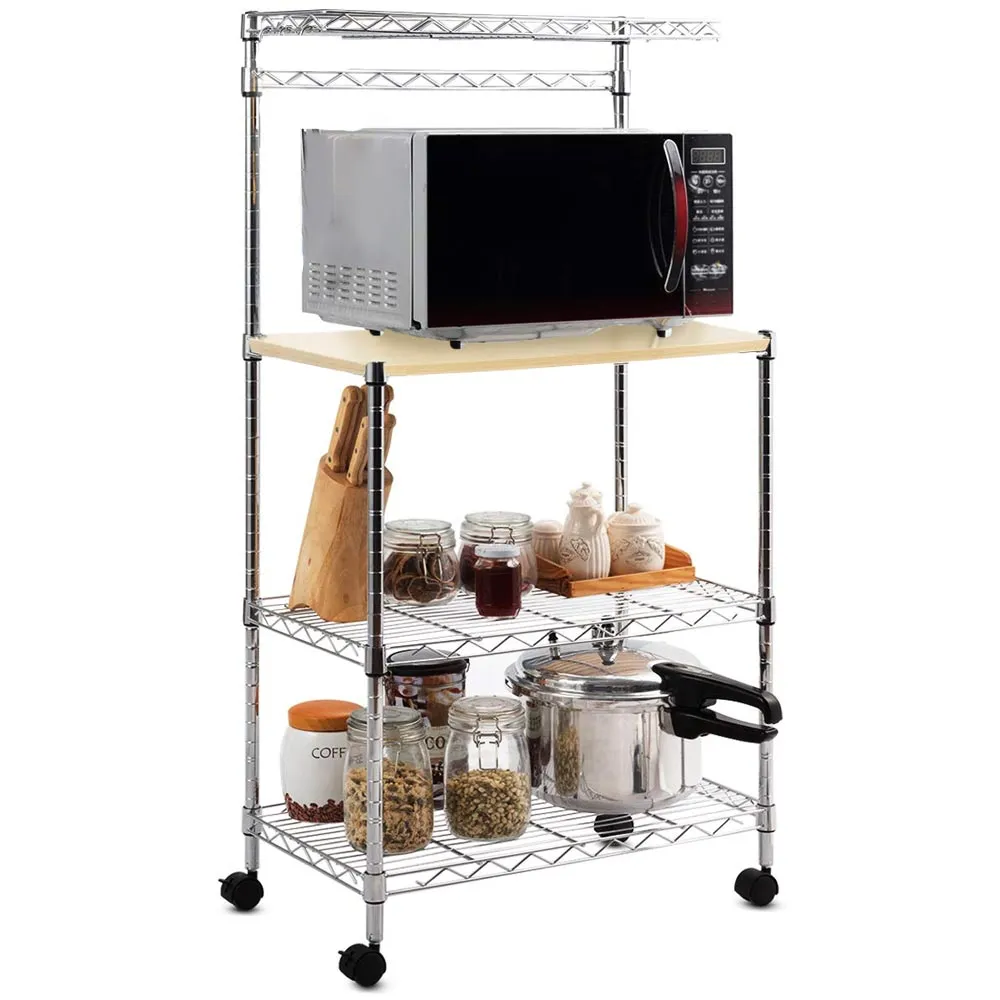 Scaffale Carrello Cucina Mobiletto Porta Microonde 4 Ripiani Acciaio e Legno