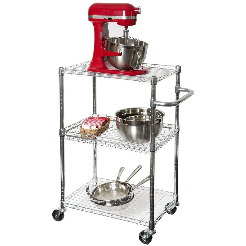 Carrello Cucina Bagno Salvaspazio Acciaio Cromato 3 Ripiani e Ruote 60x35x90cm