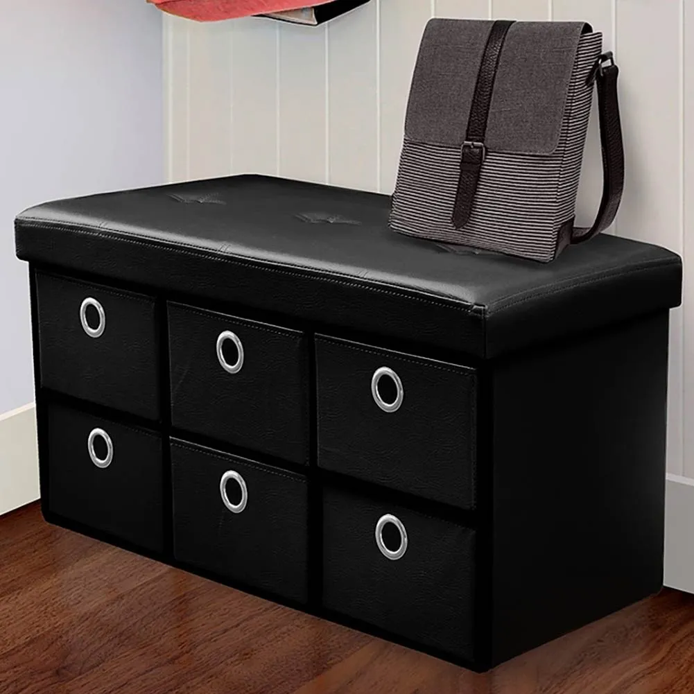 Cassapanca Contenitore Pouf Panca Sgabello Pieghevole 6 Cassetti Eco Pelle Nero