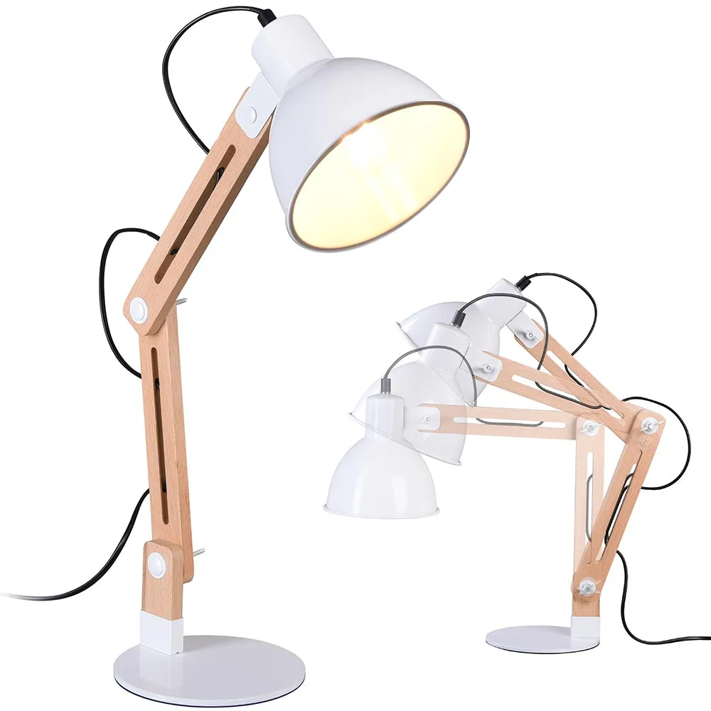 Lampada Tavolo Scrivania Inclinabile in metallo e Legno Luce E27 Design Moderno