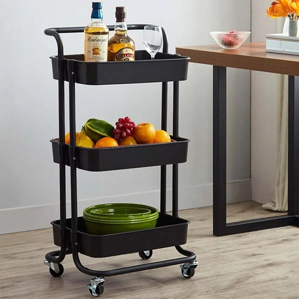 Carrello Trolley Cucina in Metallo 3 Ripiani 43x36x85 4 Ruote Salvaspazio Nero