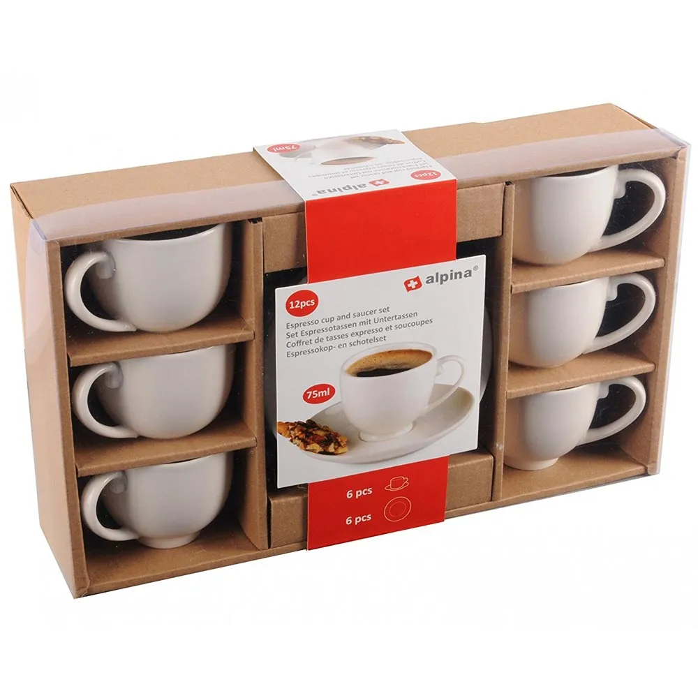 Set 12 Pezzi Per Colazione Caffe' Tazze 75ml e Piattini Porcellana Bianca Alpina