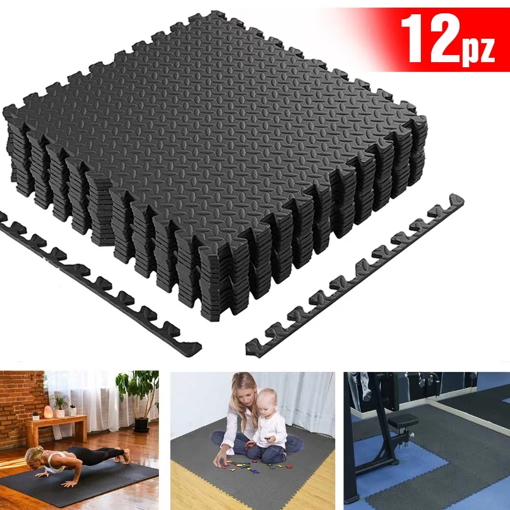 Tappeto Puzzle Tappetino Fitness Palestra Multiuso Schiuma EVA 12pz 60x60cm Nero