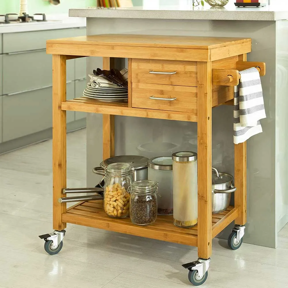 Carrello Cucina Legno Bambu Salvaspazio 2 Cassetti Portaposate 2 Ripiani 4 Ruote