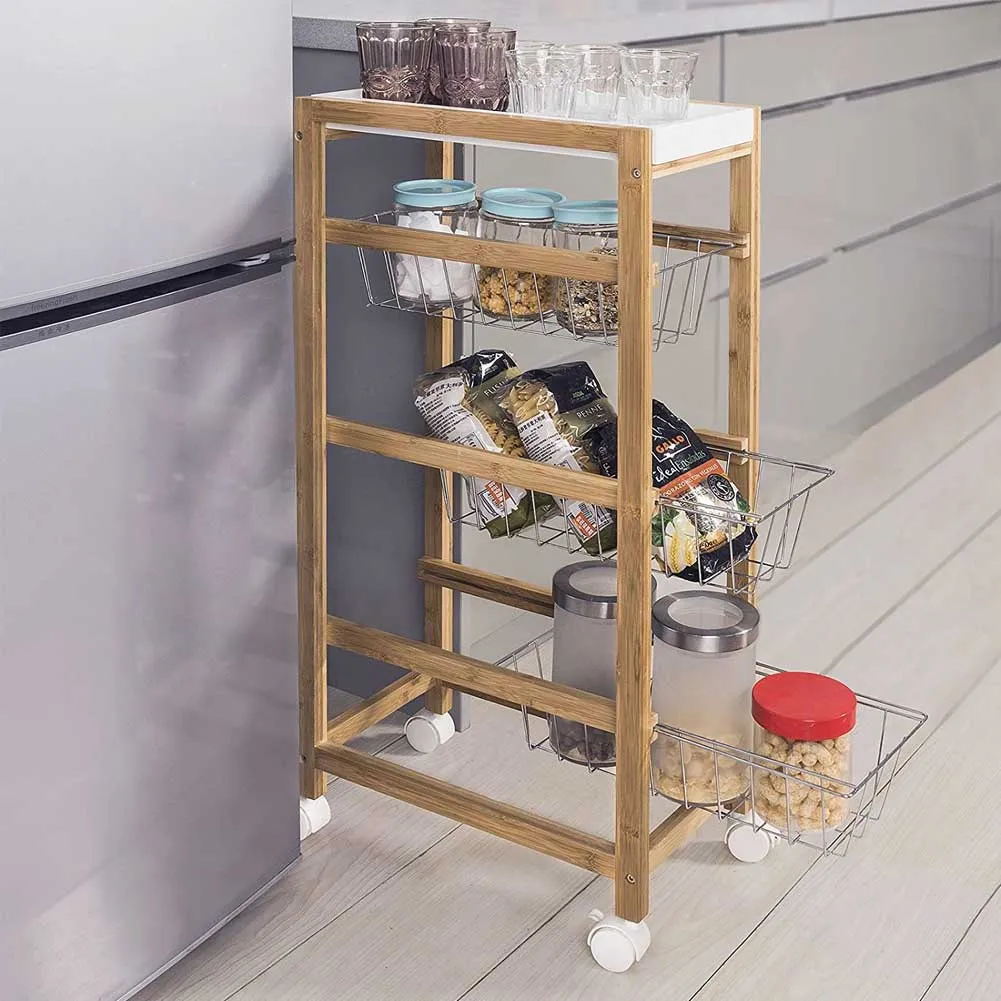 Carrello Cucina Slim Salvaspazio Legno Bambu 4 Ripiani 1 Vassoi 3 Cestelli Ruote